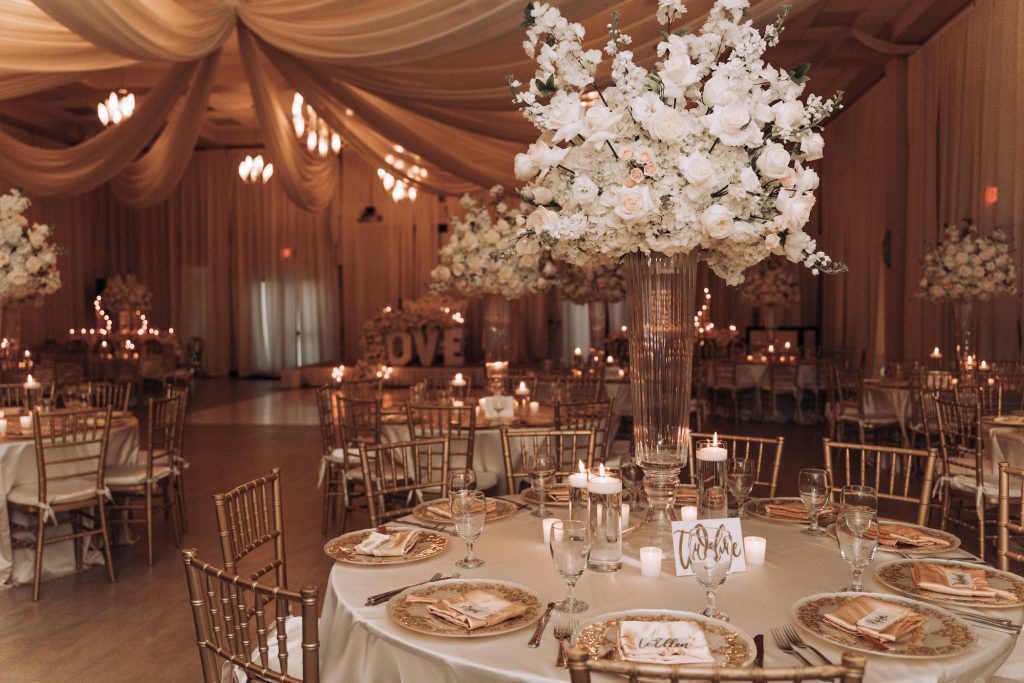 Elegant event decor and setting for wedding reception